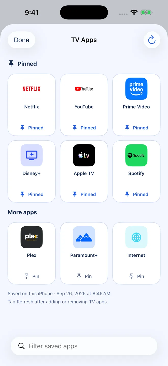 Glide Remote app library showing pinned Netflix, YouTube, Prime Video, Disney+, Apple TV and Spotify