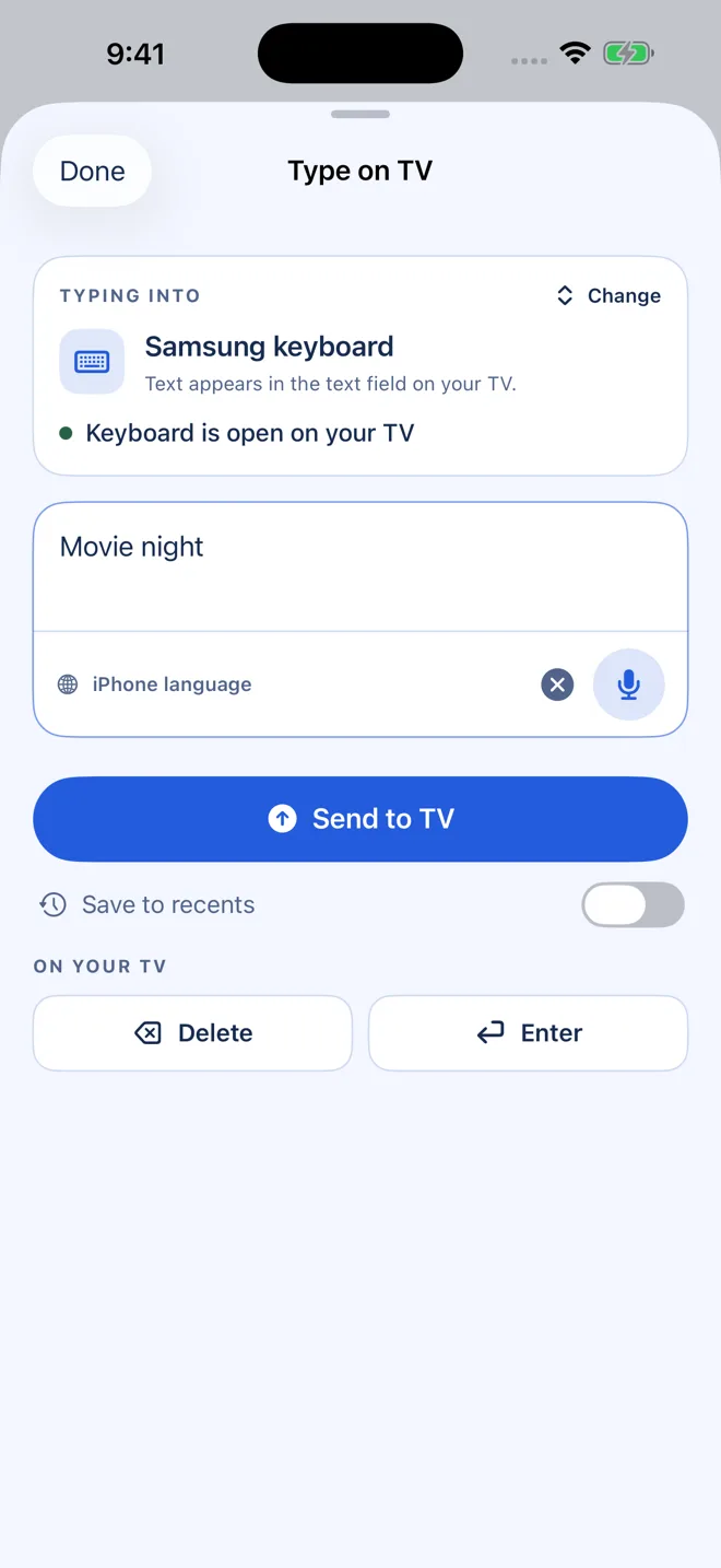 Glide Remote Type on TV screen with the text Movie night ready to send