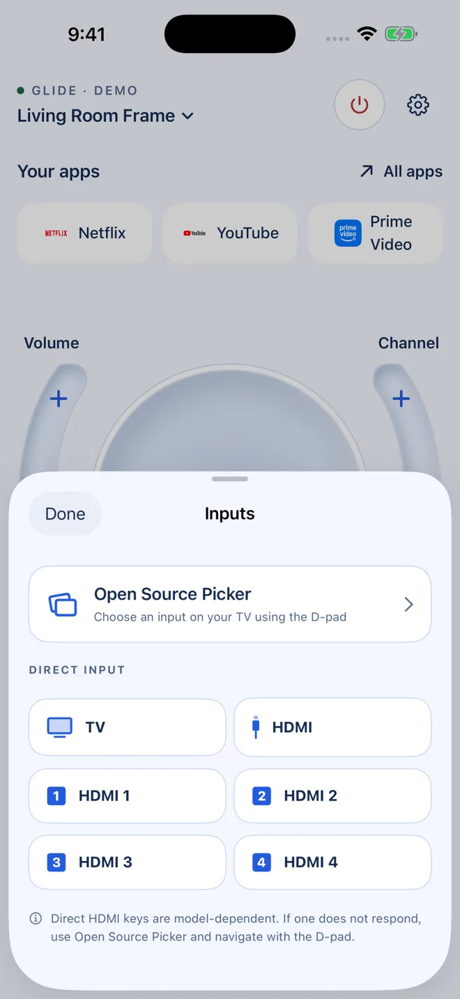 Inputs sheet with Source Picker and HDMI shortcuts