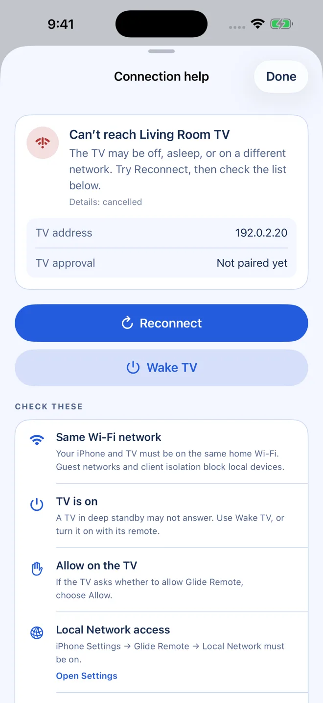 Connection help screen with reconnect, wake and a checklist